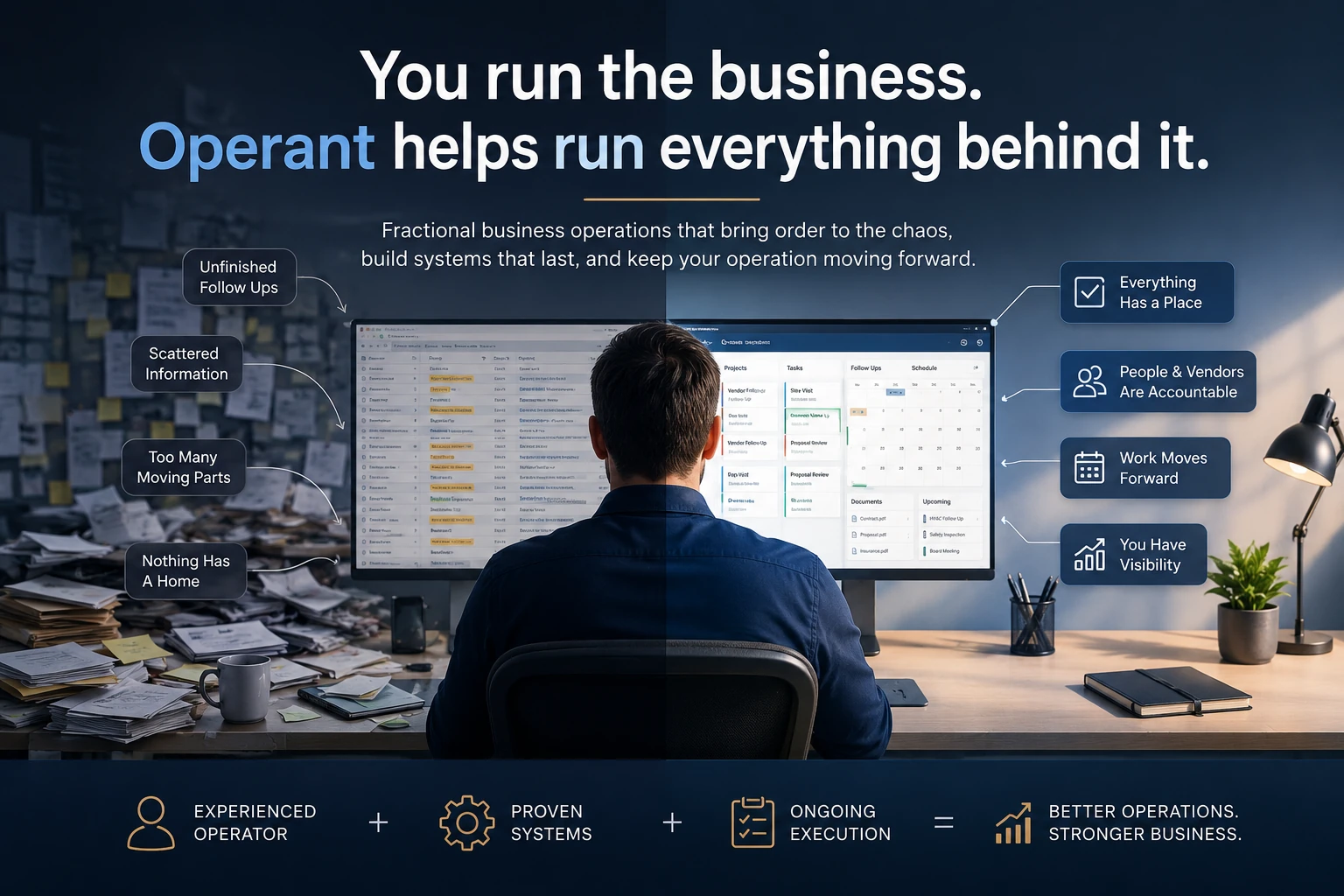 You run the business. Operant helps run everything behind it, transforming unfinished follow-ups, scattered information, and moving parts into accountable, visible work.